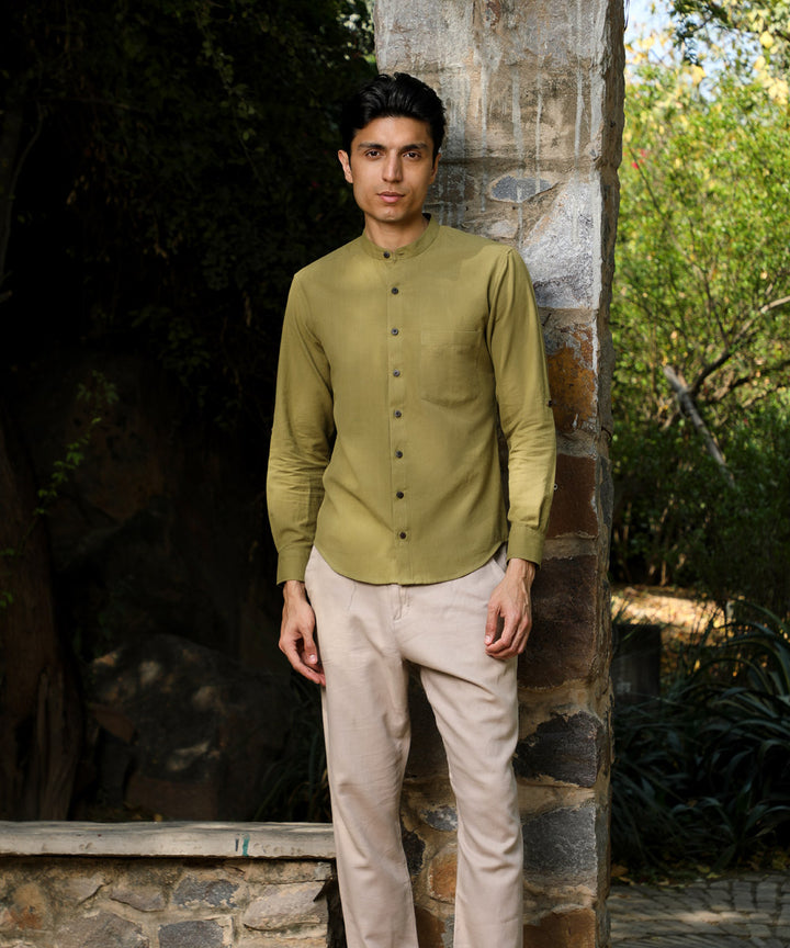 Green handwoven cotton full sleeves shirt