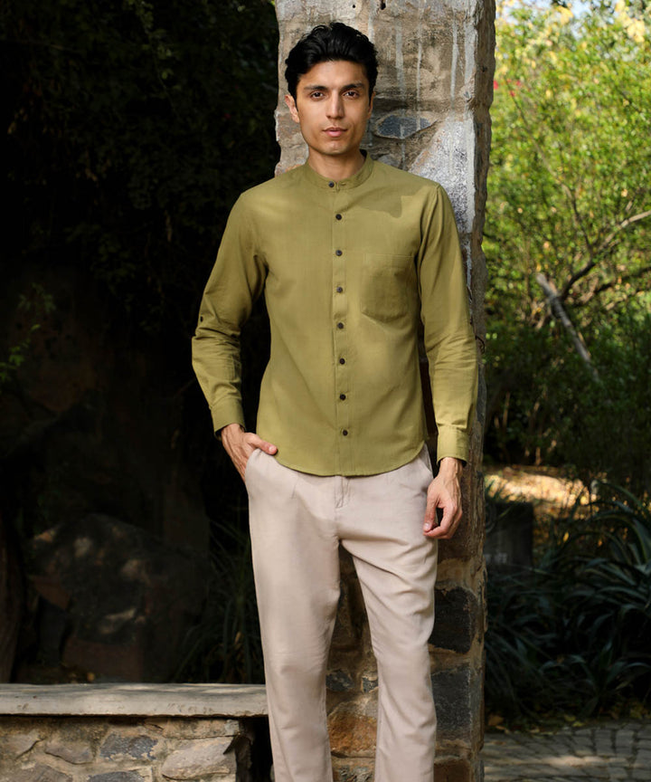 Green handwoven cotton full sleeves shirt