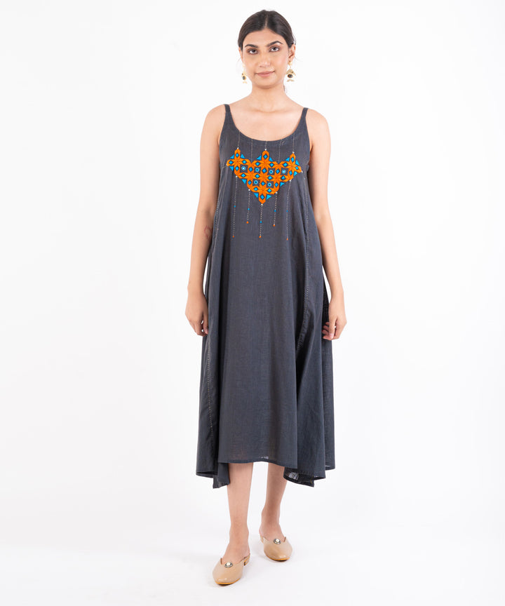 Charcoal hand embroidered cotton midi dress