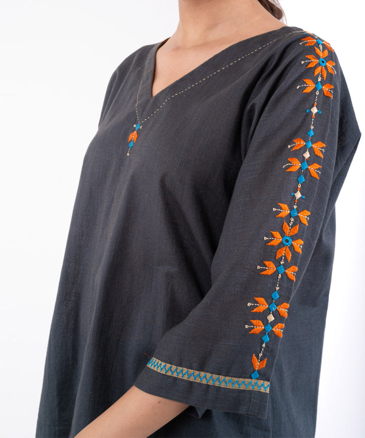 Charcoal hand embroidered cotton v neck top