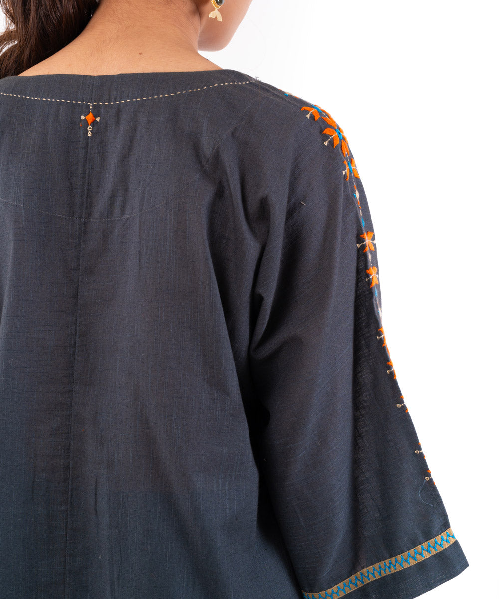 Charcoal hand embroidered cotton v neck top