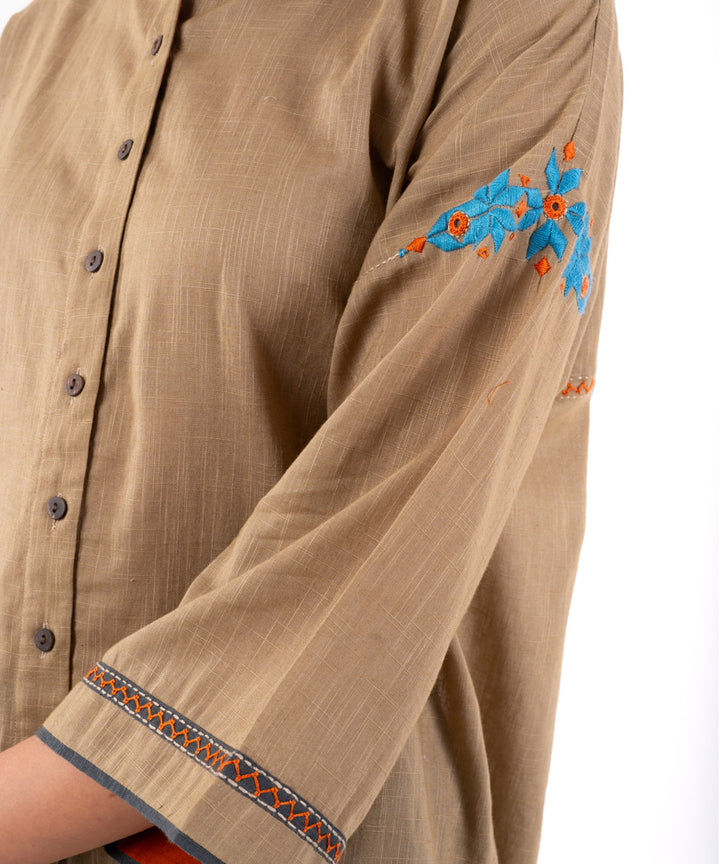 Beige hand embroidered cotton mandarin collar top