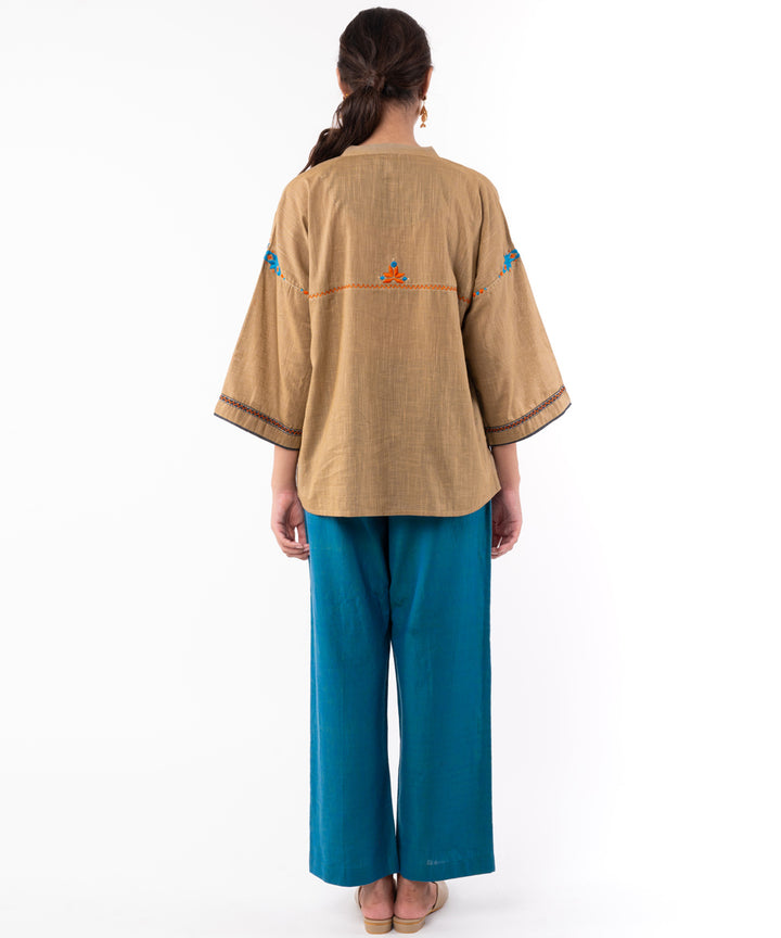 Beige hand embroidered cotton mandarin collar top