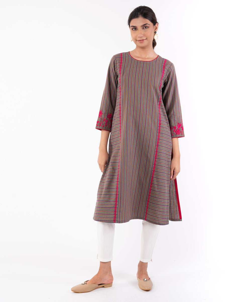 Grey handembroidered cotton chikankari round neck kurti