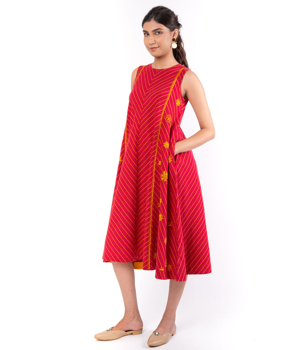 Red handembroidered chikankari cotton dress