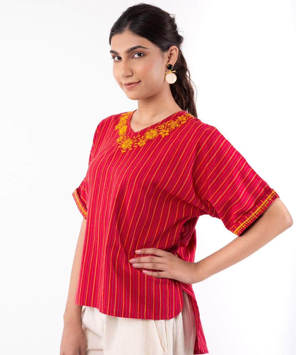 Red hand embroidered chikankari cotton top