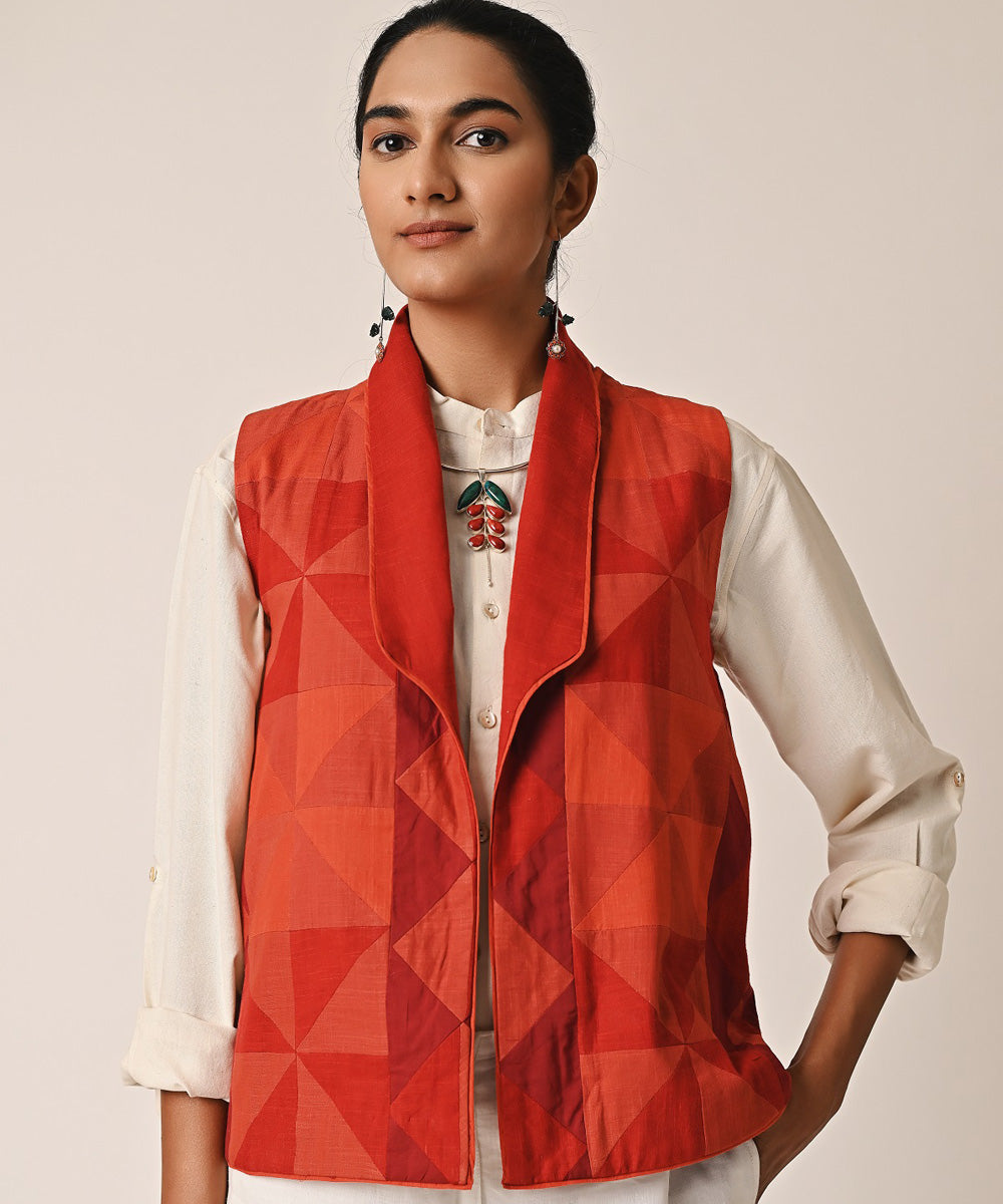 Red handwoven cotton sleeveless ralli jacket