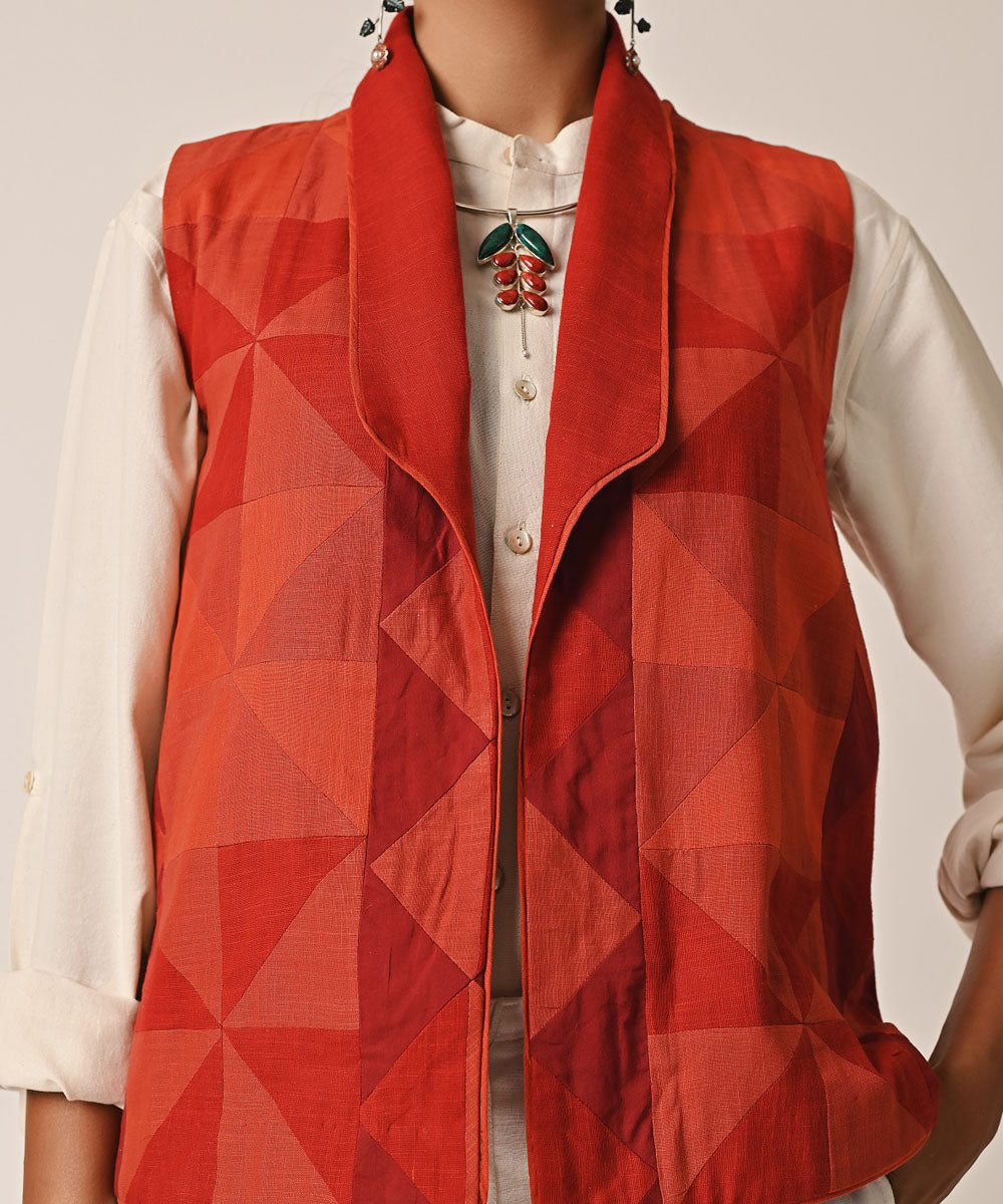 Red handwoven cotton sleeveless ralli jacket