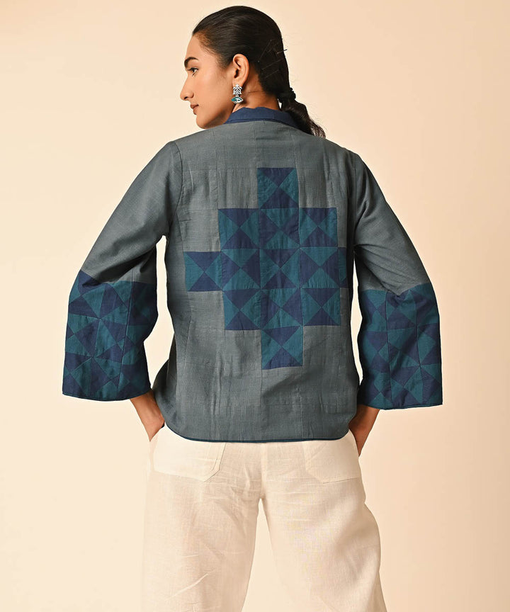 Grey blue handwoven cotton shawl collar jacket