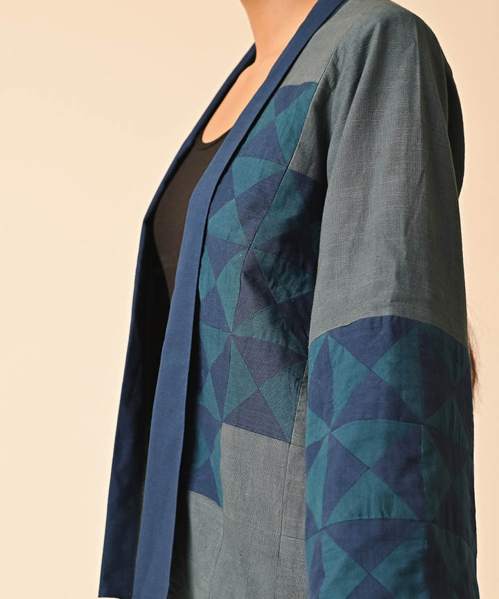 Grey blue handwoven cotton shawl collar jacket