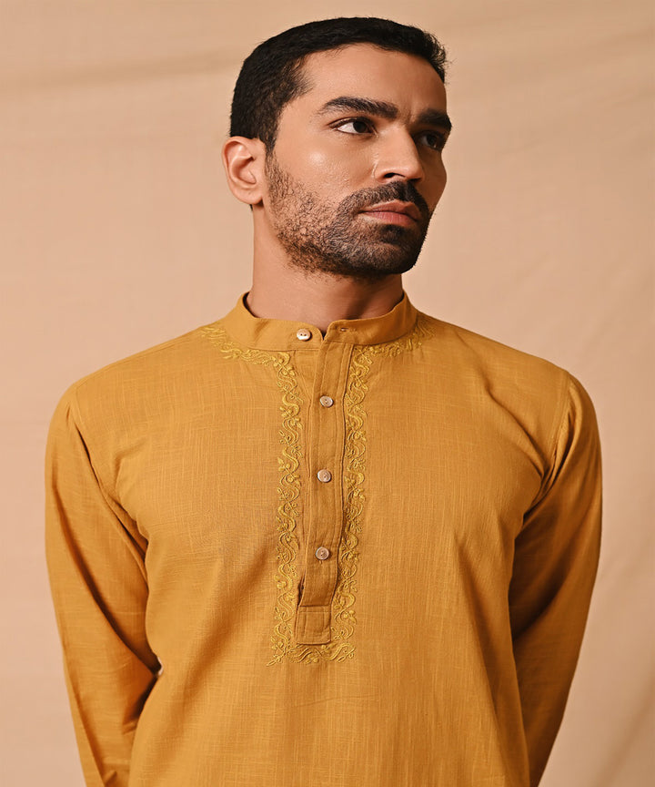 Mustard handembroidered chikankari long kurta