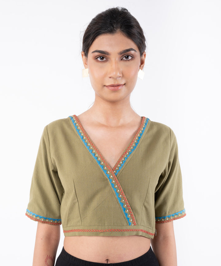 Olive handwoven embroidered cotton half sleeves blouse