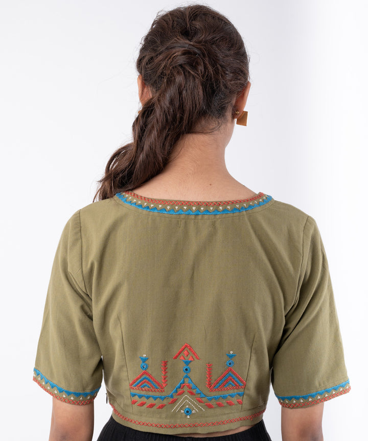 Olive handwoven embroidered cotton half sleeves blouse