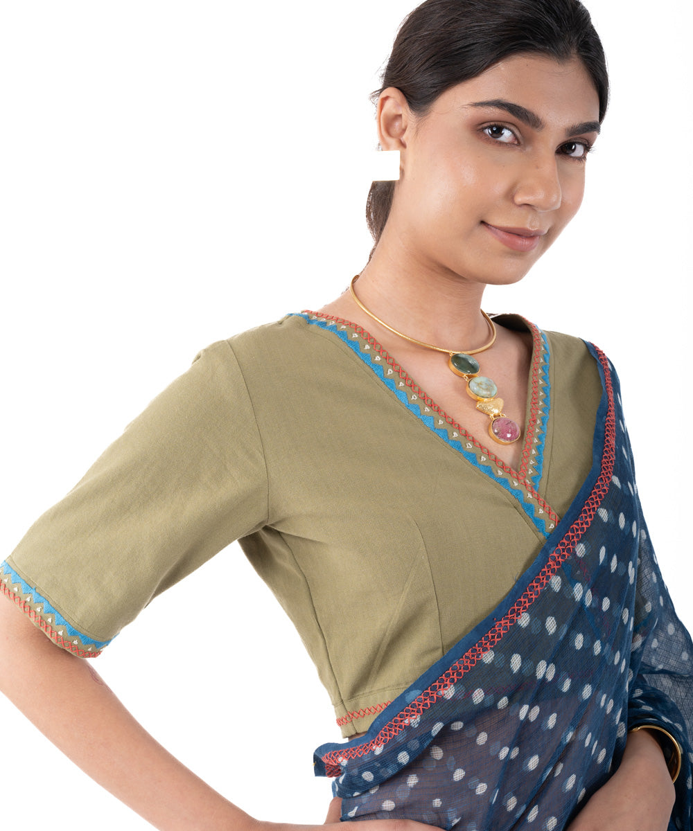 Olive handwoven embroidered cotton half sleeves blouse