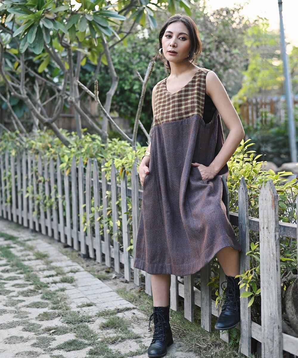 Brown handwoven woolen sleeveless dress