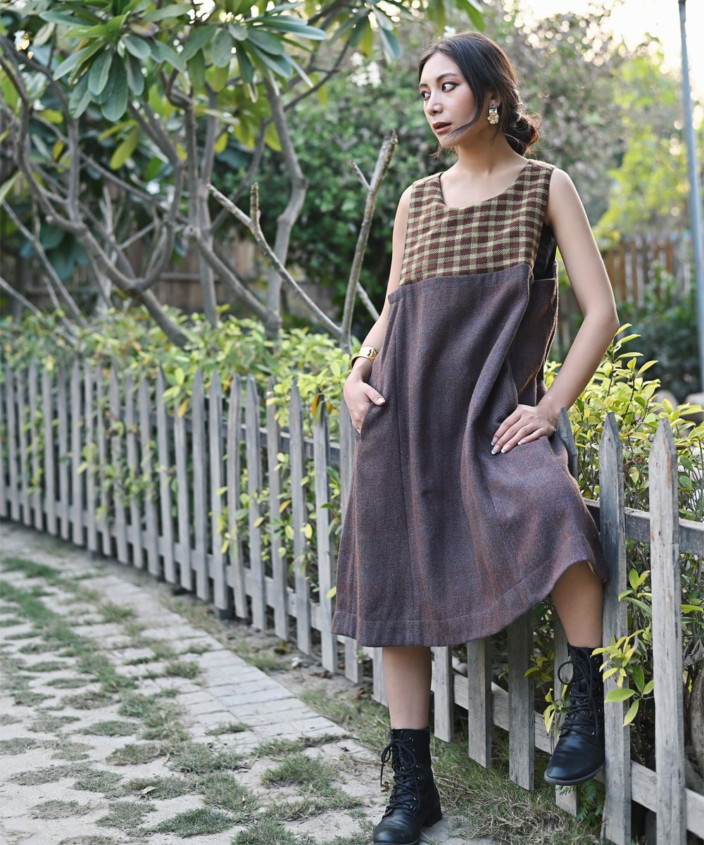 Brown handwoven woolen sleeveless dress