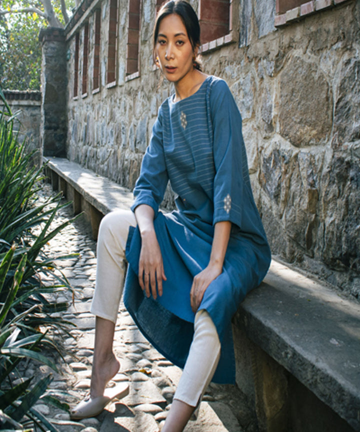 Blue handwoven cotton extra weft kurta