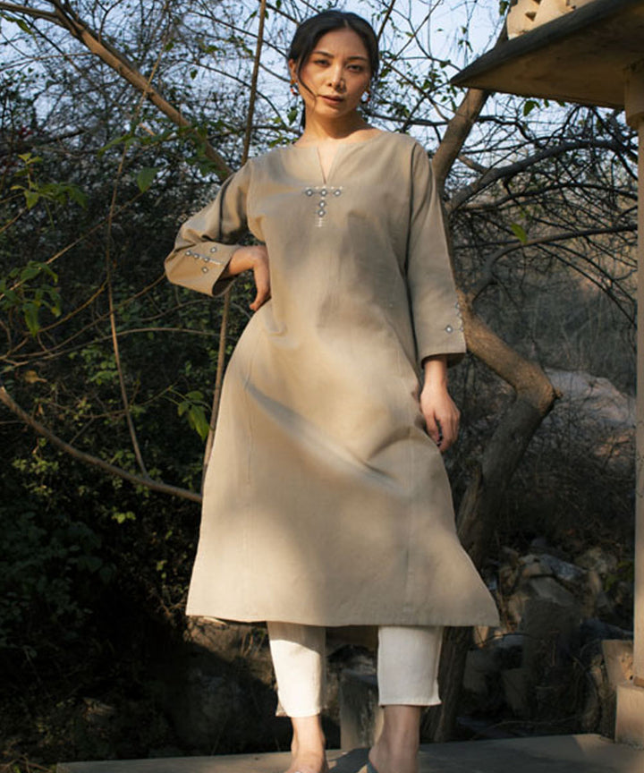 Beige handwoven cotton extra weft kurta