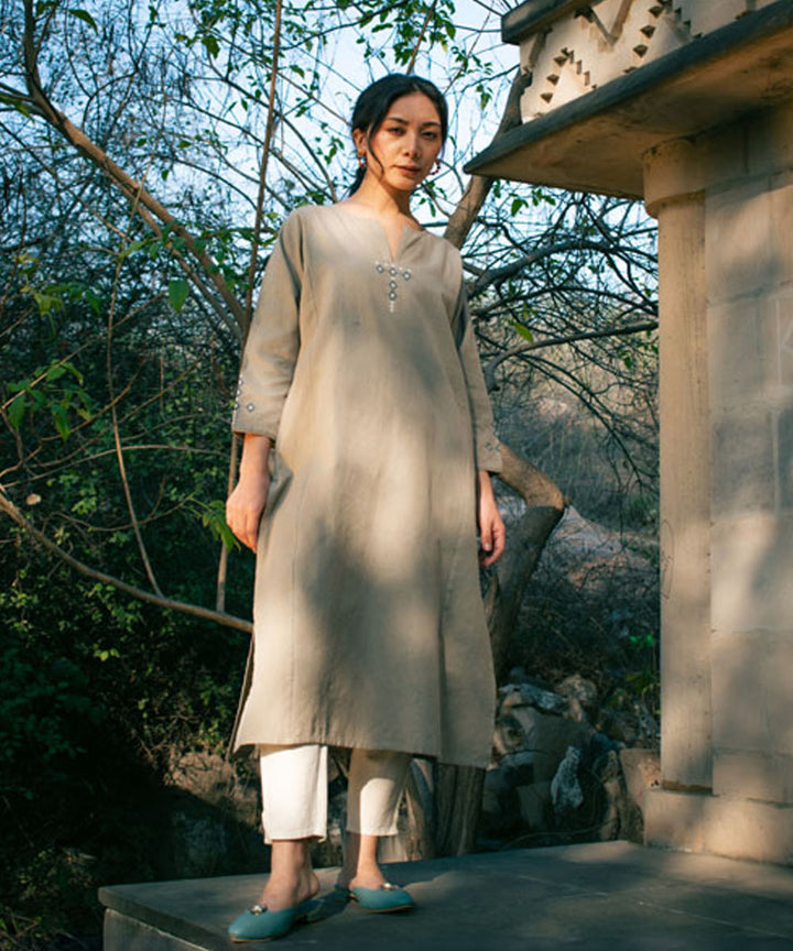 Beige handwoven cotton extra weft kurta