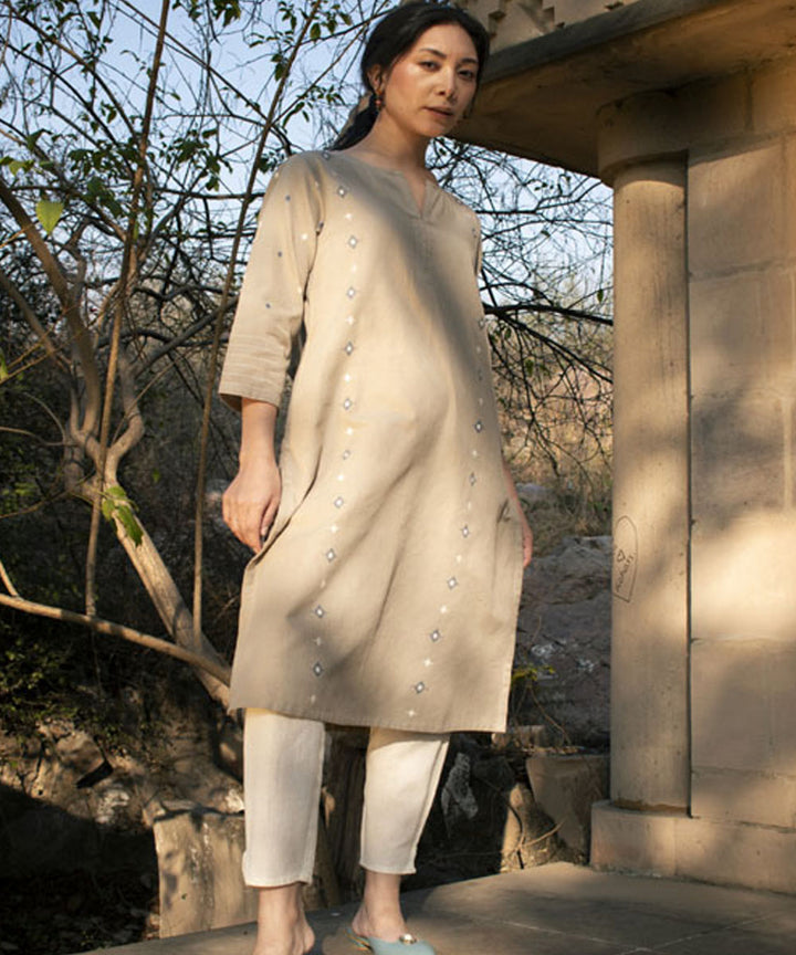 Beige hand woven cotton extra weft kurta