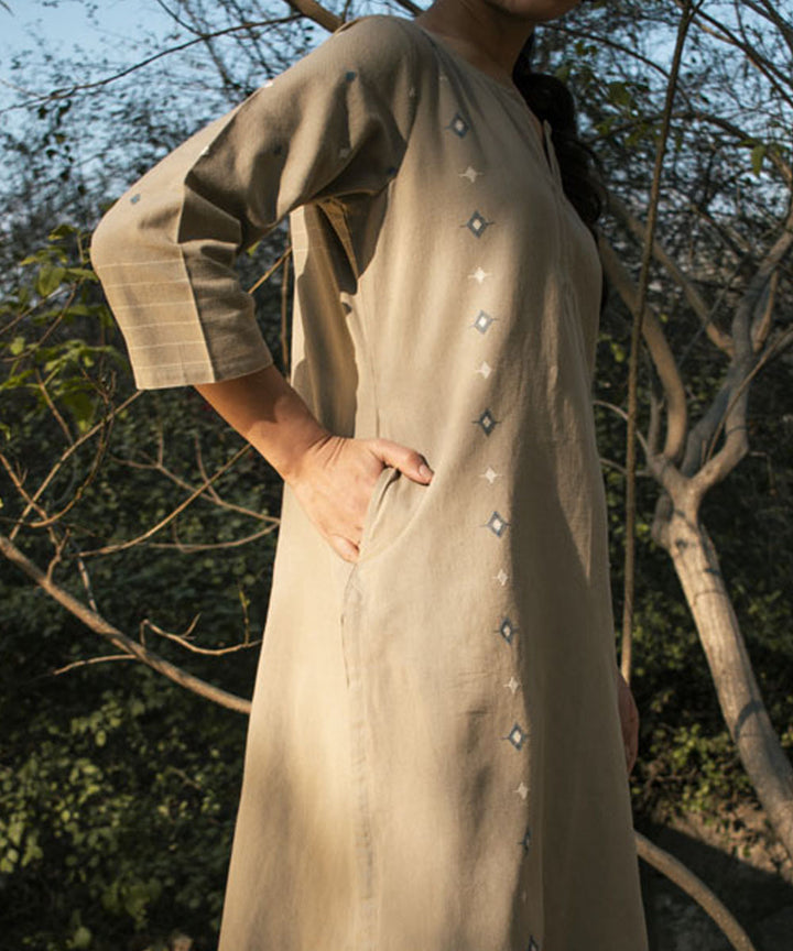 Beige hand woven cotton extra weft kurta