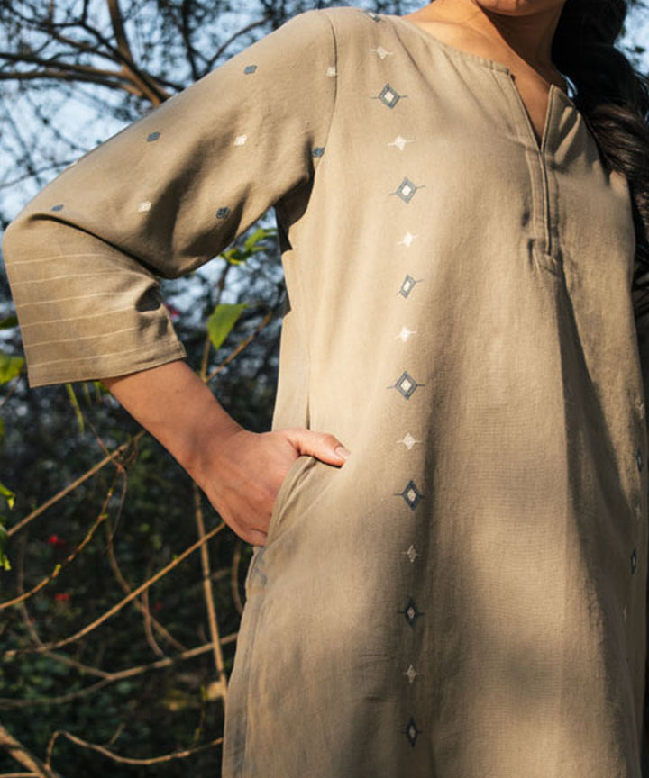 Beige hand woven cotton extra weft kurta