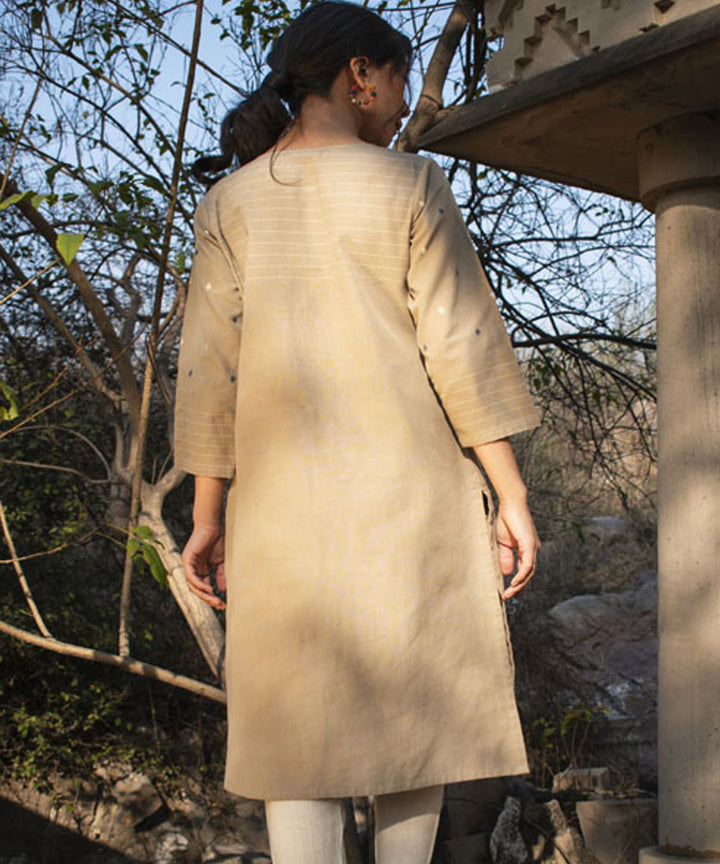 Beige hand woven cotton extra weft kurta