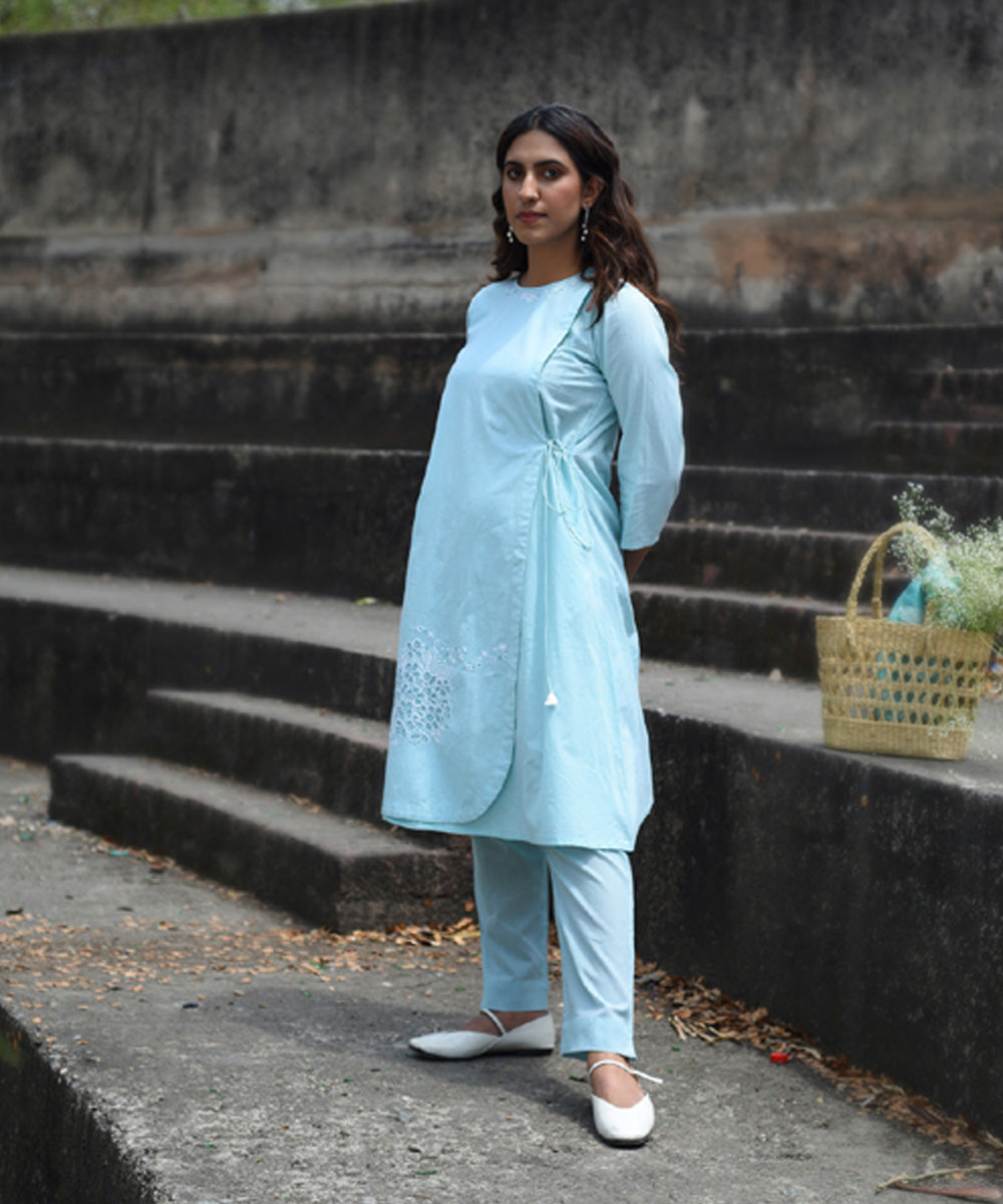Blue hand embroidered cotton angrakha kurta