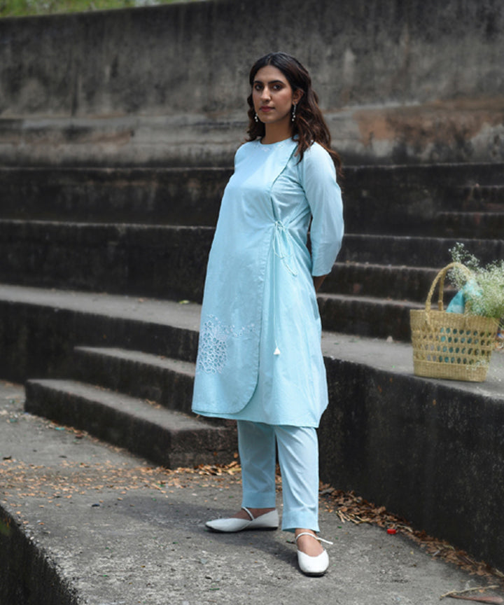 Blue hand embroidered cotton angrakha kurta