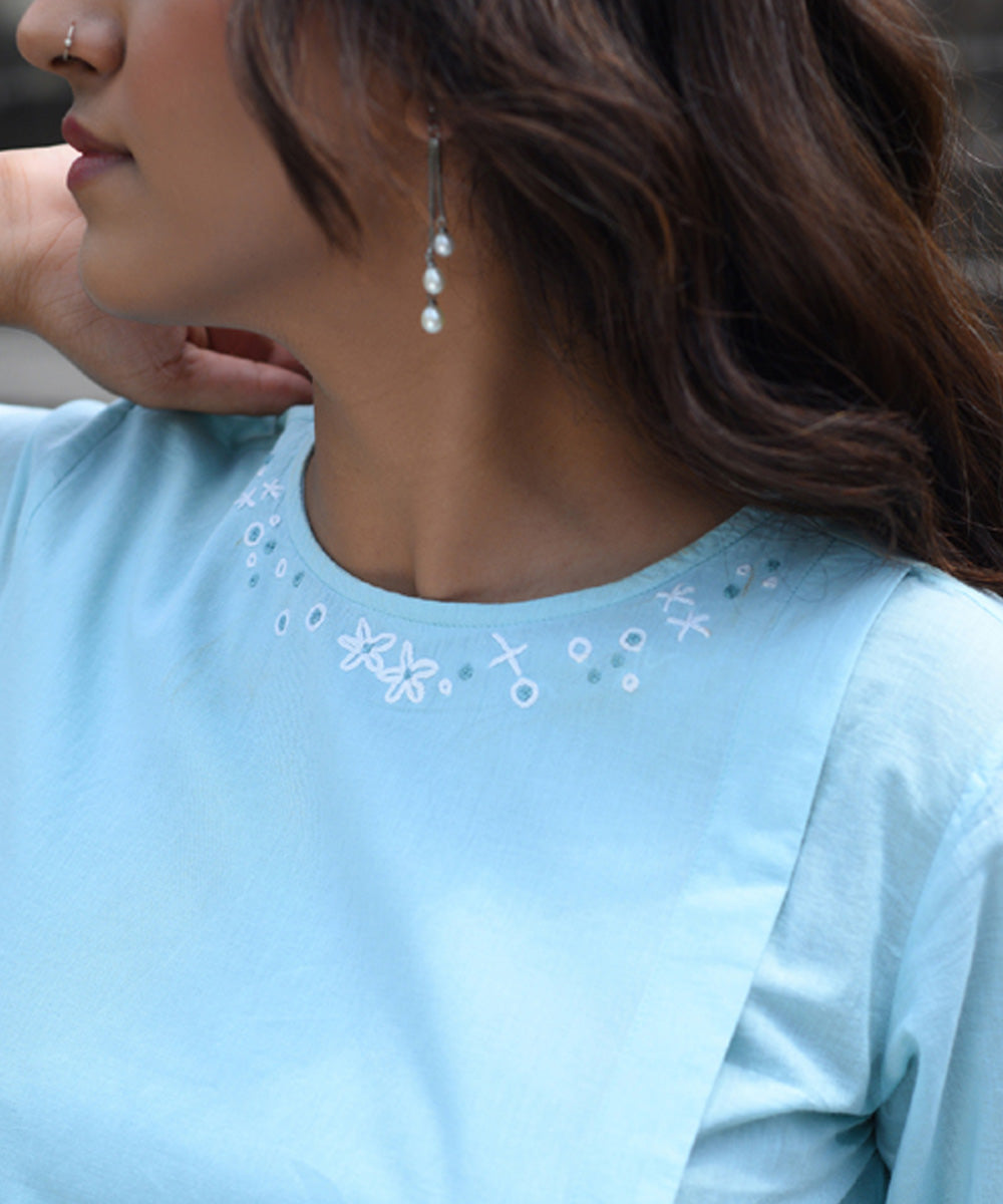 Blue hand embroidered cotton angrakha kurta