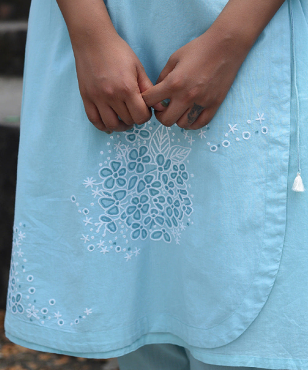 Blue hand embroidered cotton angrakha kurta