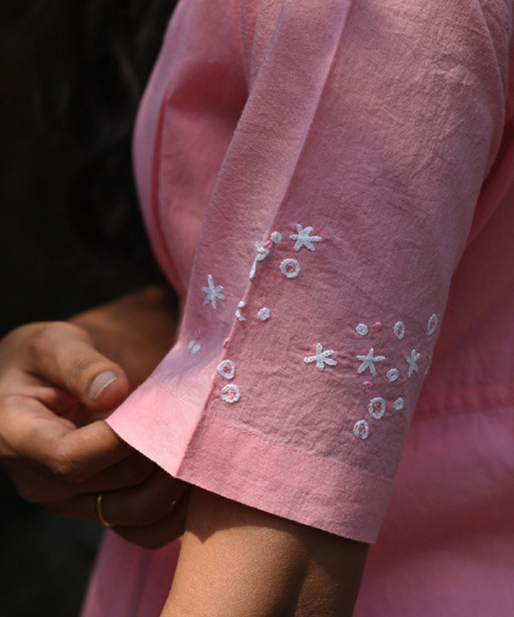 Pink hand embroidered cotton quater sleeves kurta