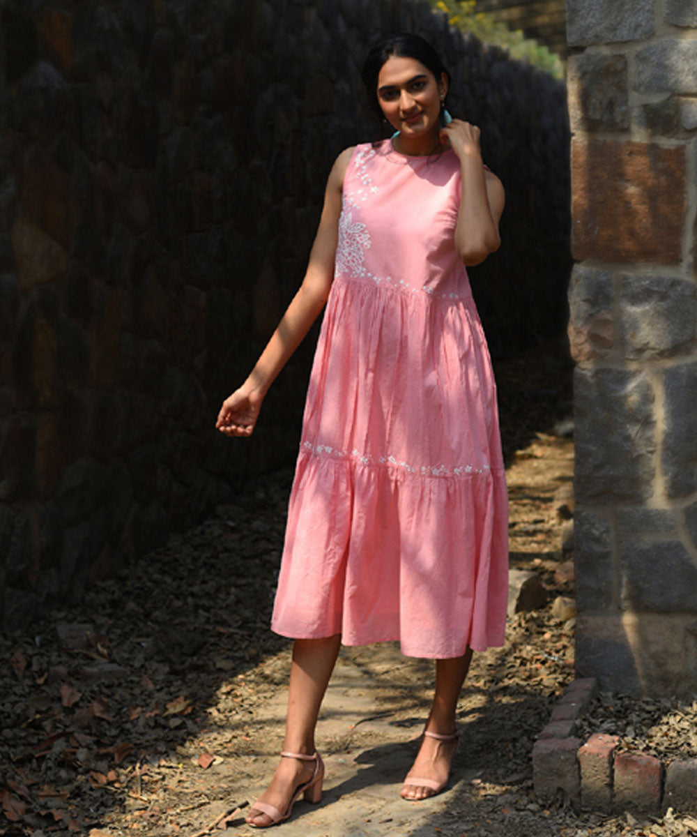 Pink hand embroidered cotton flared dress  GoSwadeshi