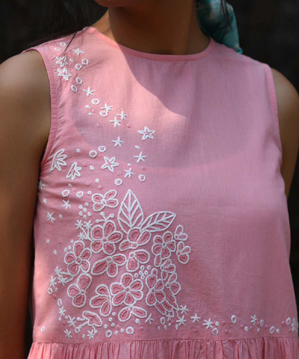 Pink hand embroidered cotton flared dress