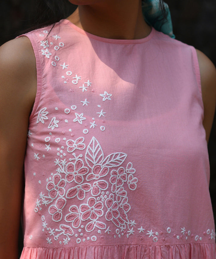 Pink hand embroidered cotton flared dress