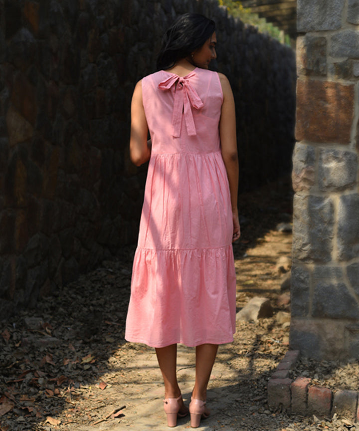 Pink hand embroidered cotton flared dress