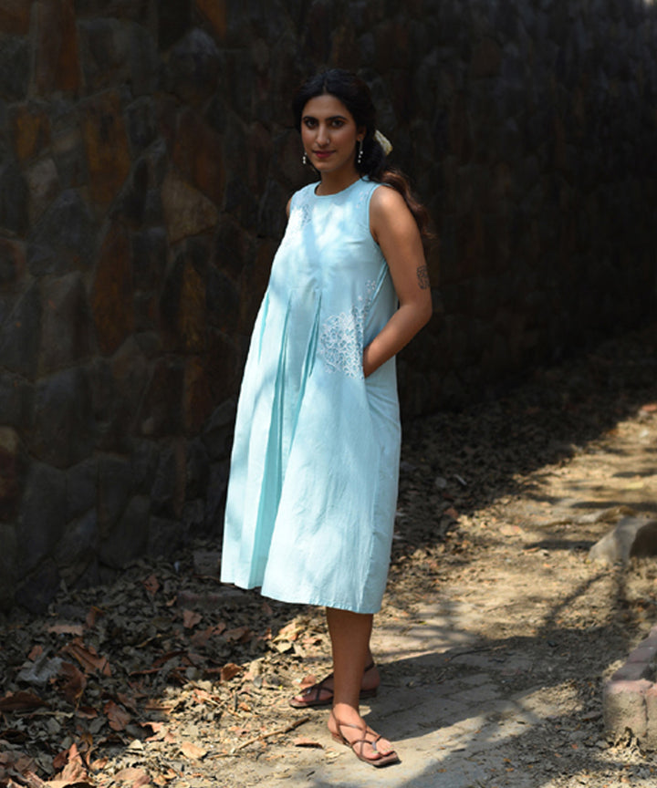 Blue hand embroidered cotton pleated dress
