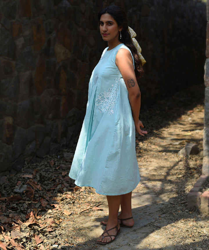 Blue hand embroidered cotton pleated dress