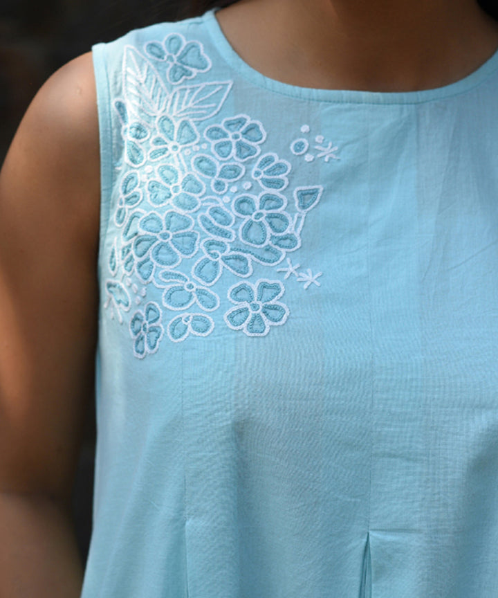 Blue hand embroidered cotton pleated dress