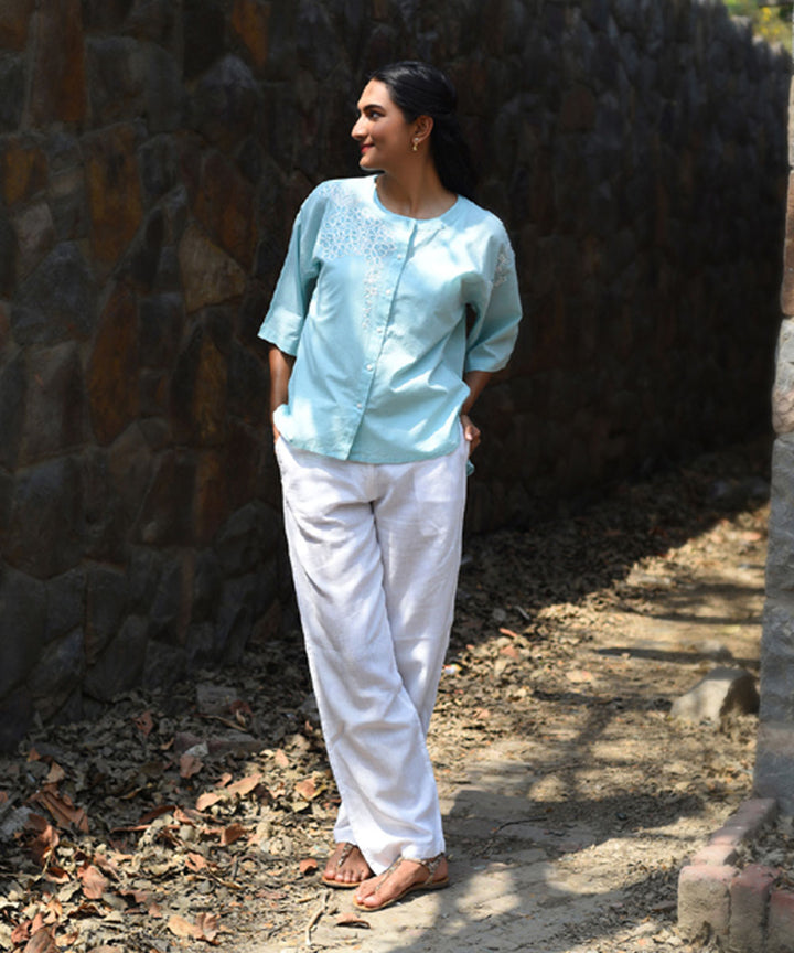 Blue hand embroidered cotton quater sleeves top