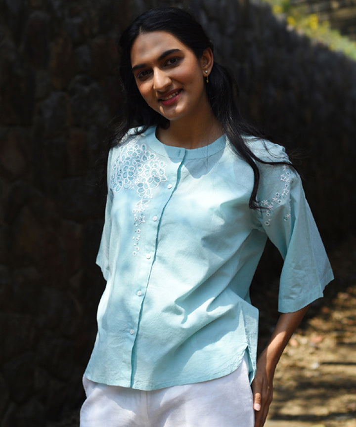 Blue hand embroidered cotton quater sleeves top