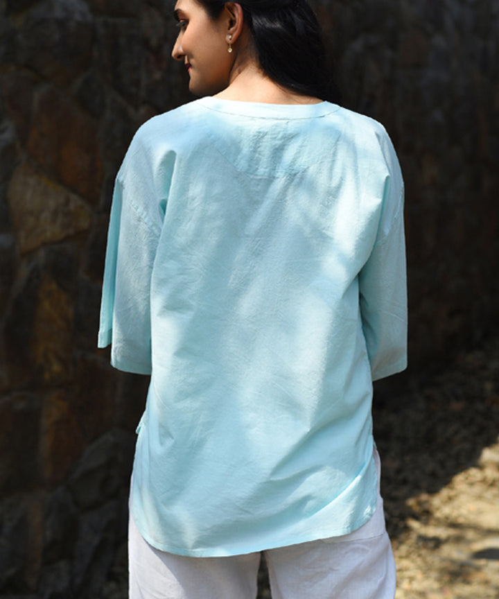 Blue hand embroidered cotton quater sleeves top