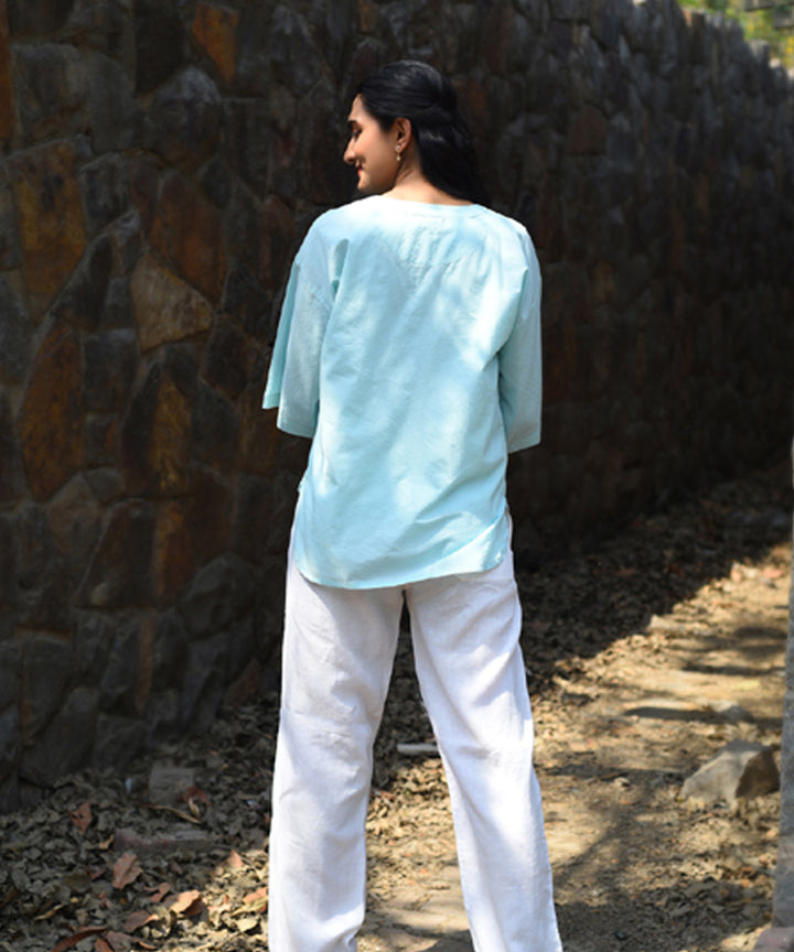 Blue hand embroidered cotton quater sleeves top
