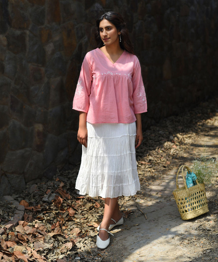 Pink hand embroidered cotton v neck top