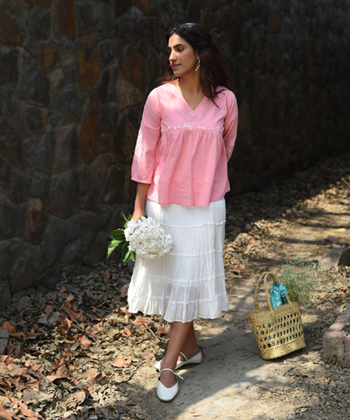 Pink hand embroidered cotton v neck top