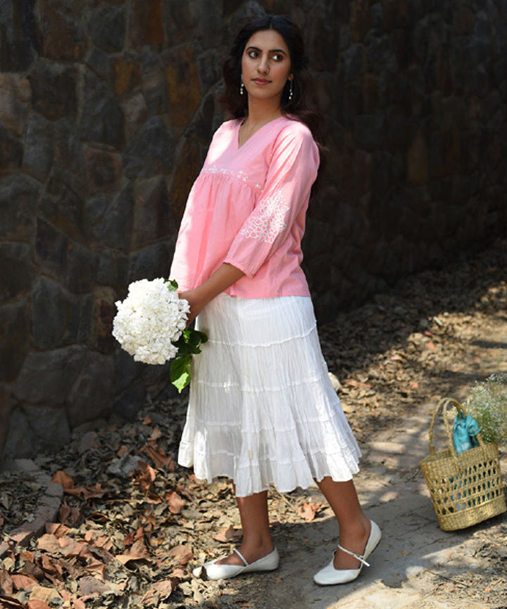 Pink hand embroidered cotton v neck top
