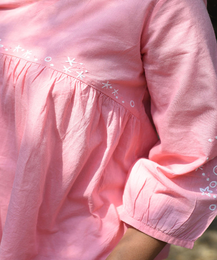 Pink hand embroidered cotton v neck top