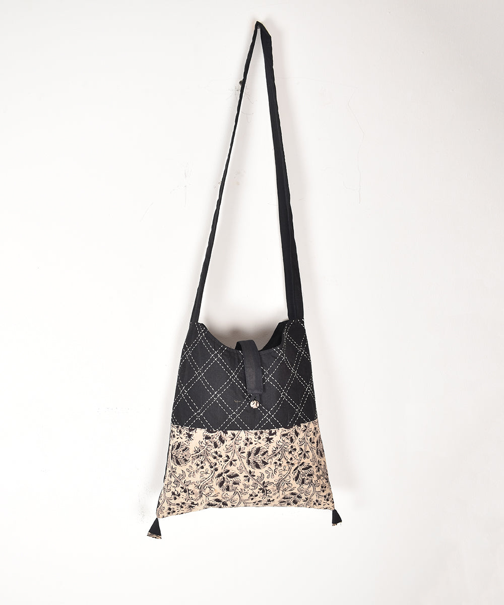 Black and white kalamkari embroidery sling bag