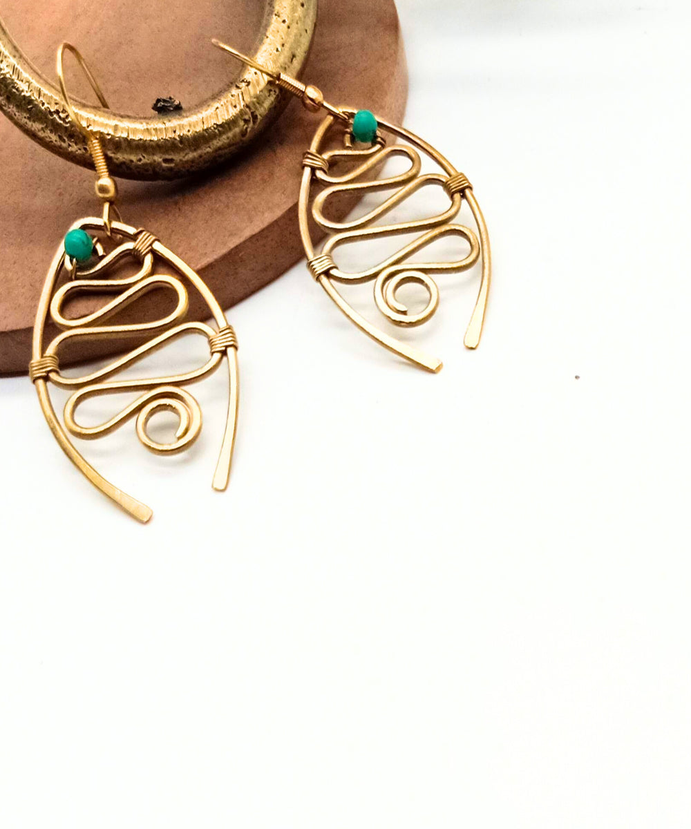 Golden turquoise handmade beads brass earring