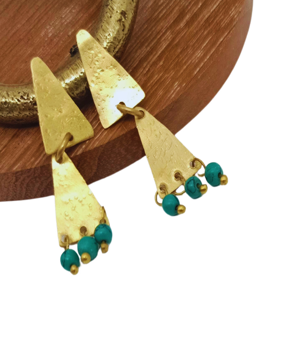 Golden turquoise beads handmade brass earring